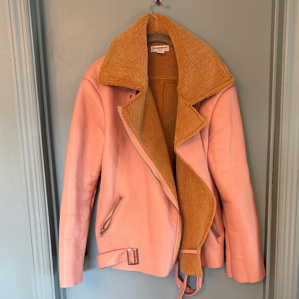 Nasty Gal Pink Faux Leather Shearling Moto Jacket